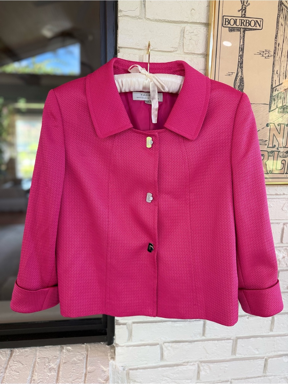 Tahari Arthur S Levine Hot Pink Tweed Blazer Jacket Cropped 12
